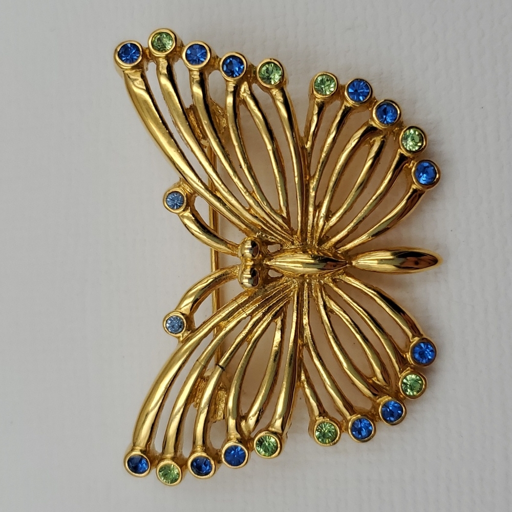 Gold Tone Butterfly with Blue & Green Rhinestones Brooch - Picture 4 of 5